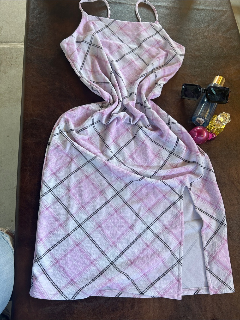 Lavender Plaid Slip Dress with Side Slit